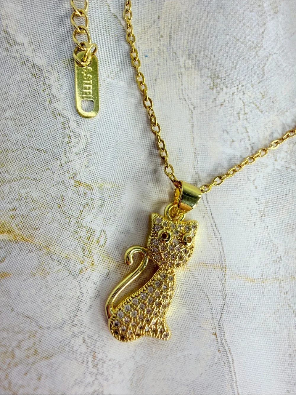 Gold Cat Pendant Necklace - Sparkling Cat Charm for Cats Lovers #stainless steel